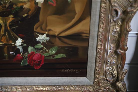 § Albert Williams (1922-2010) Still life of flowers in a brass vase with a lady reflected in a mirror 24 x 20in.